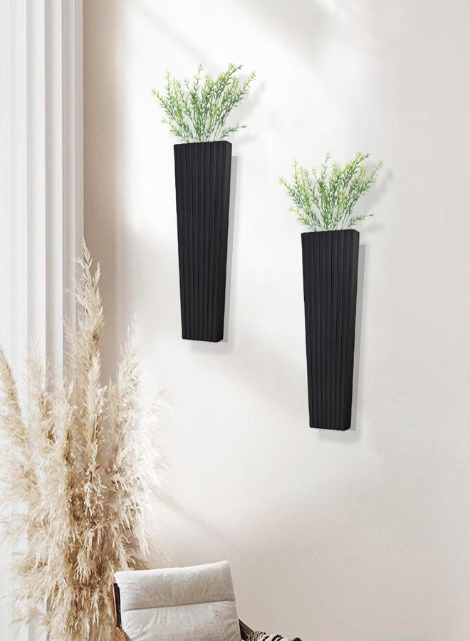 FENNIDICE 2Pack Black Wood Wall Planter for Indoor +2Pack Green Plants,Modern Wooden Hanging Planter for Dried Flowers and Plants,Abstract Vase Farmhouse Wood Wall Decor (Black) - Image 2